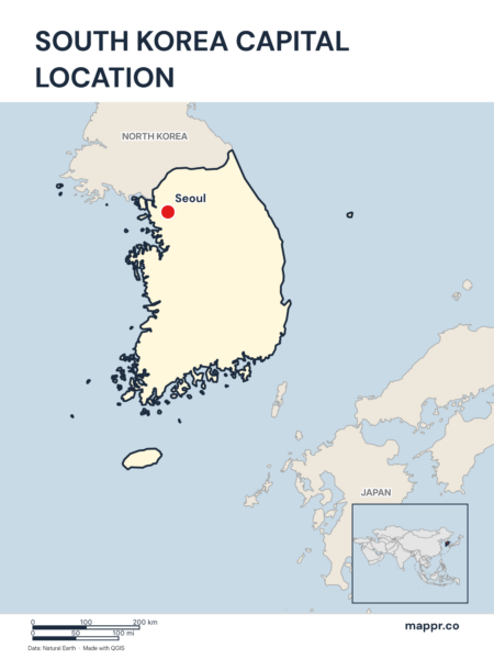 Detailed map pinpointing Seoul, the capital of South Korea.