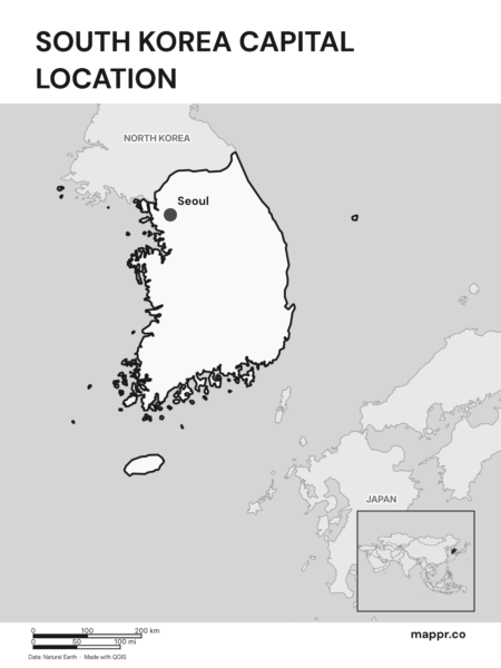 Detailed map pinpointing Seoul, the capital of South Korea (black and white).