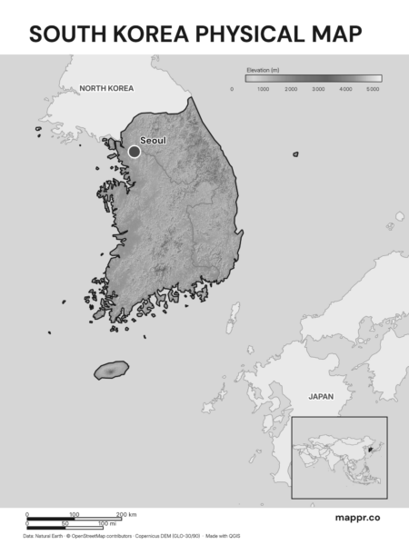 Map featuring Seoul, the capital of South Korea, with rich topographical detail (black and white).