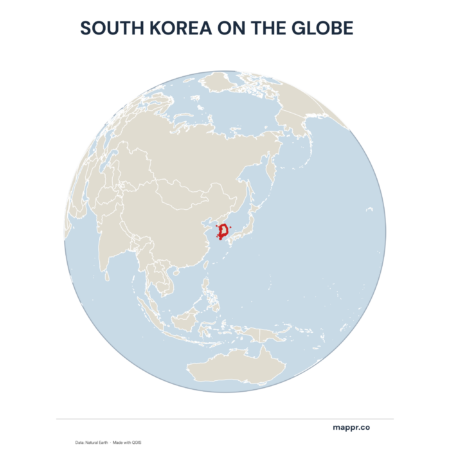 A map highlighting South Korea's location on a globe, marked with a red outline.