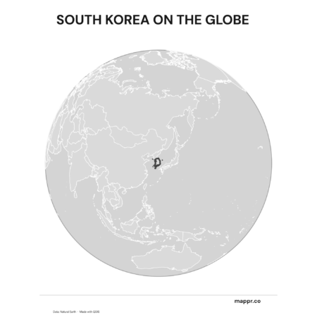 A map highlighting South Korea's location on a globe, marked with a red outline (black and white).