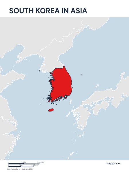 A map highlighting South Korea's location on the asian continent.