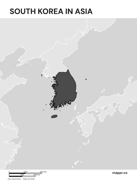 A map highlighting South Korea's location on the asian continent (black and white).