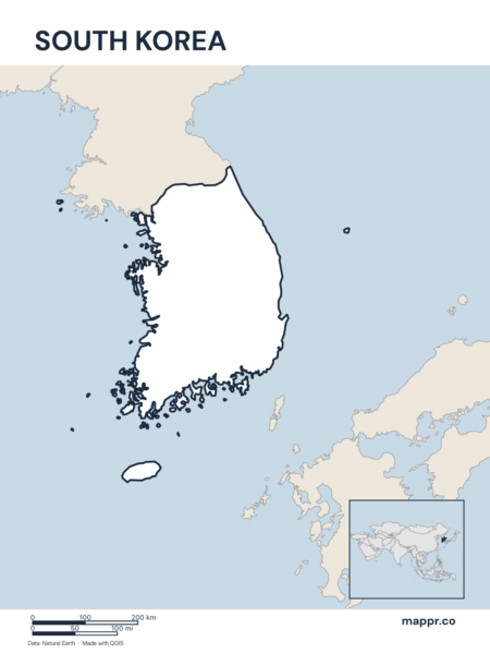 Outline map of South Korea with detailed country borders.