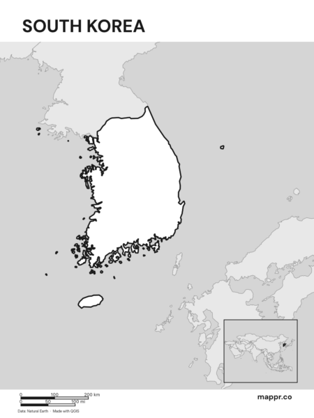 Outline map of South Korea with detailed country borders (black and white).