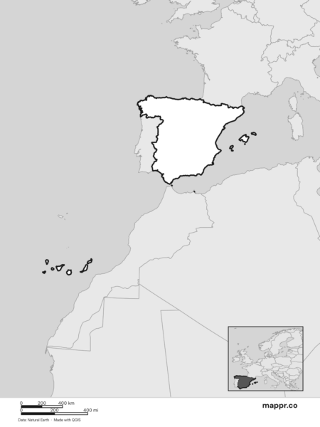 Blank political map of Spain showing its international borders without labels (black and white).