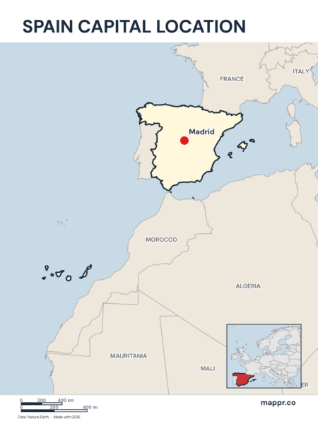 Detailed map pinpointing Madrid, the capital of Spain.