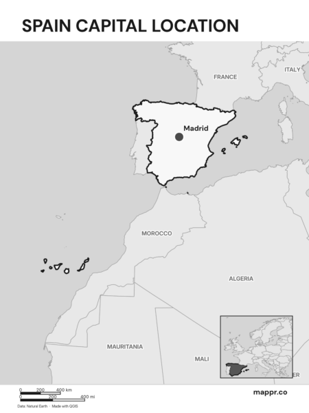 Detailed map pinpointing Madrid, the capital of Spain (black and white).