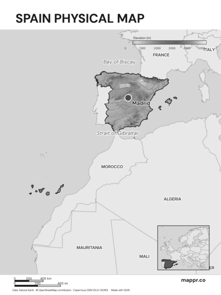Map featuring Madrid, the capital of Spain, with rich topographical detail (black and white).