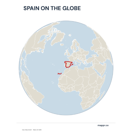 A map highlighting Spain's location on a globe, marked with a red outline.