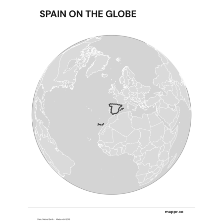 A map highlighting Spain's location on a globe, marked with a red outline (black and white).