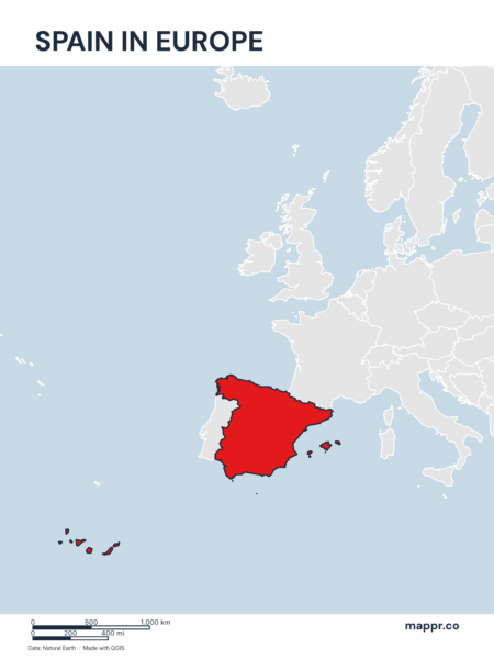 A map highlighting Spain's location on the european continent.