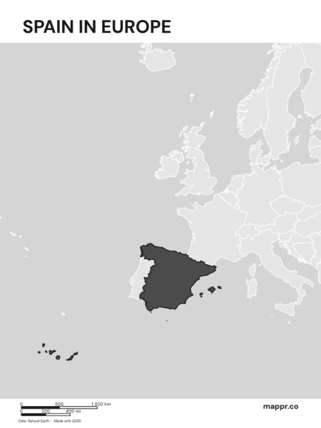 A map highlighting Spain's location on the european continent (black and white).