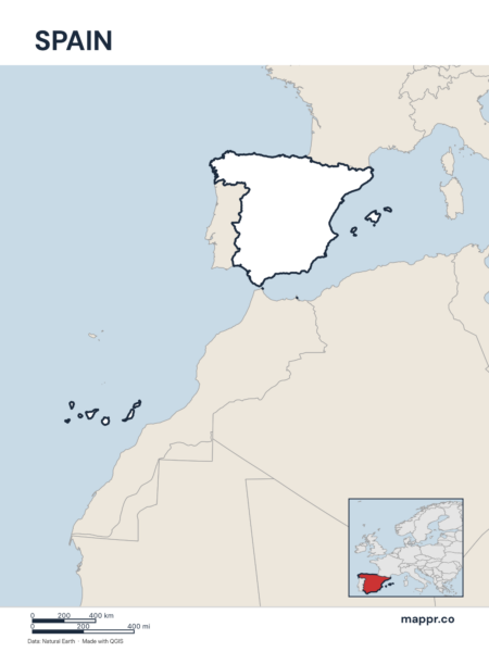 Outline map of Spain with detailed country borders, showcasing its geographical shape.