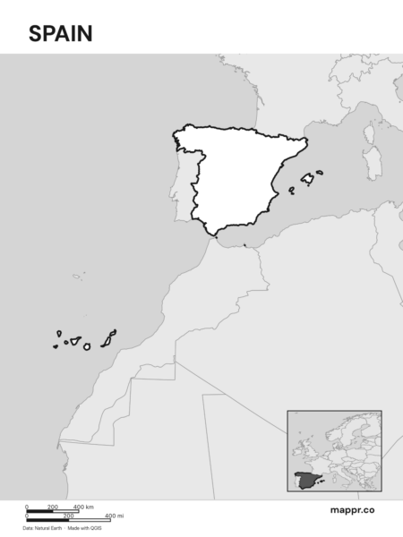 Outline map of Spain with detailed country borders, showcasing its geographical shape (black and white).