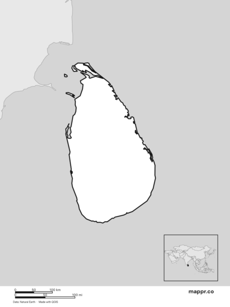 Blank political map of Sri Lanka showing its international borders without labels (black and white).