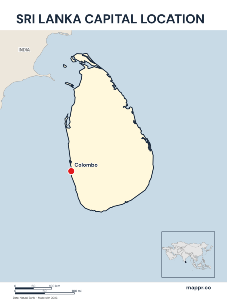 Detailed map pinpointing Colombo, the capital of Sri Lanka.