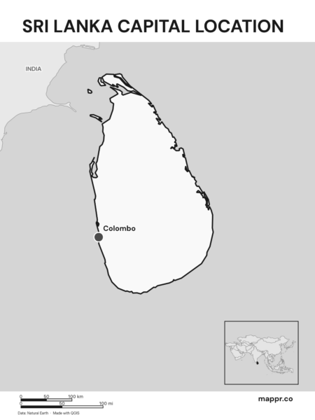 Detailed map pinpointing Colombo, the capital of Sri Lanka (black and white).