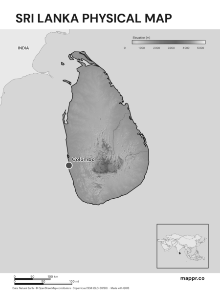Map featuring Colombo, the capital of Sri Lanka, with rich topographical detail (black and white).