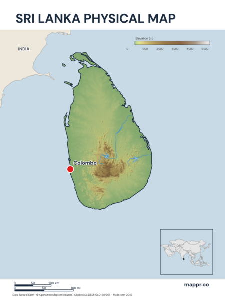 Map featuring Colombo, the capital of Sri Lanka, with rich topographical detail.