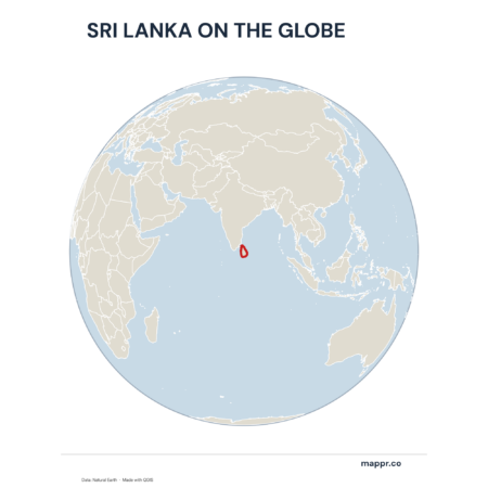 A map highlighting Sri Lanka's location on a globe, marked with a red outline.