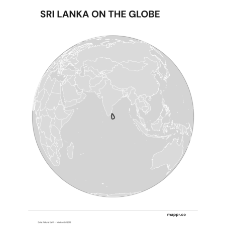 A map highlighting Sri Lanka's location on a globe, marked with a red outline (black and white).