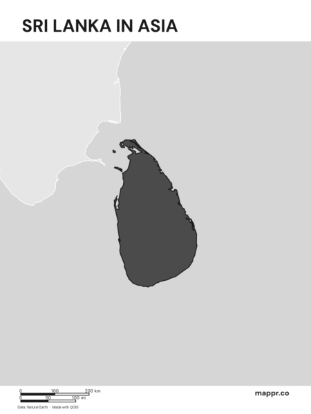A map highlighting Sri Lanka's location on the asian continent (black and white).