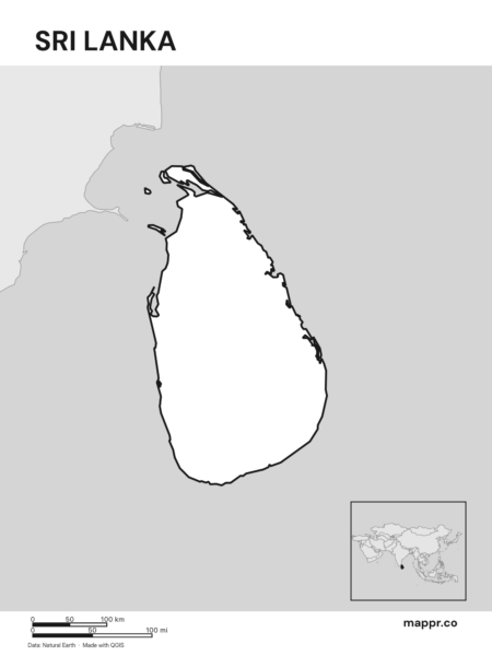 Outline map of Sri Lanka with detailed country borders (black and white).