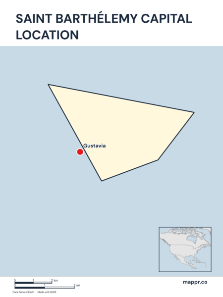 Detailed map pinpointing Gustavia, the capital of Saint Barthélemy.
