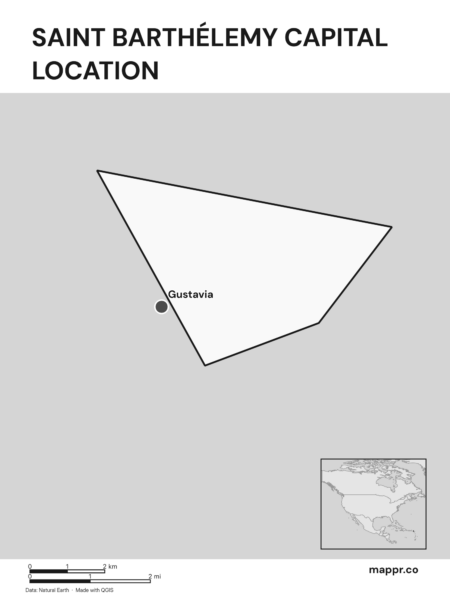 Detailed map pinpointing Gustavia, the capital of Saint Barthélemy (black and white).