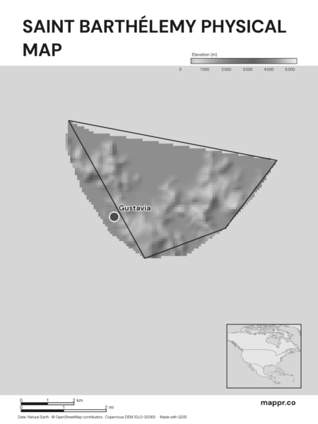 Map featuring Gustavia, the capital of Saint Barthélemy, with rich topographical detail (black and white).