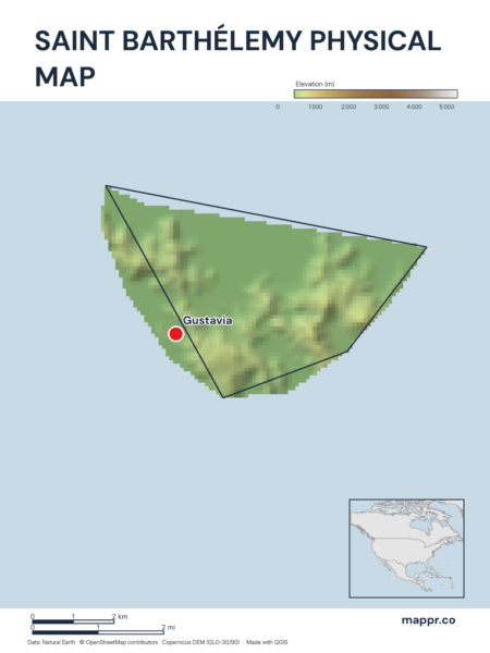 Map featuring Gustavia, the capital of Saint Barthélemy, with rich topographical detail.