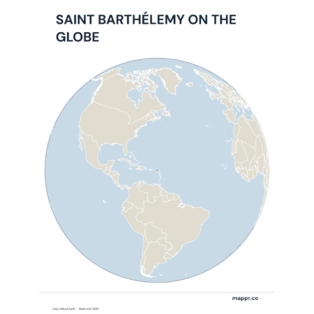 A map highlighting Saint Barthélemy's location on a globe, marked with a red outline.