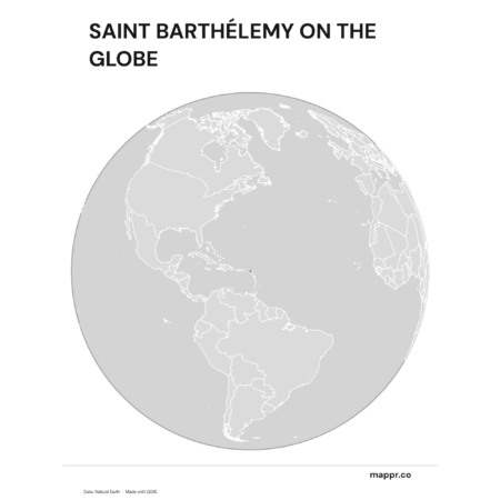 A map highlighting Saint Barthélemy's location on a globe, marked with a red outline (black and white).