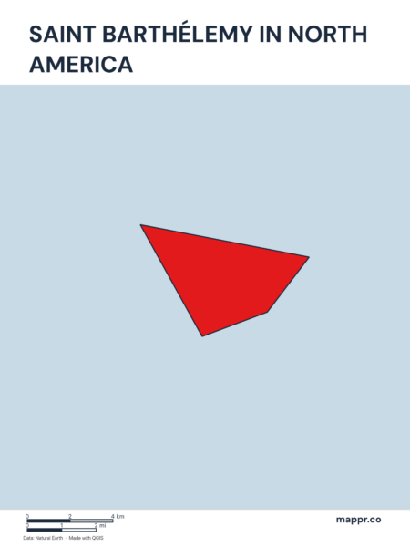 A map highlighting Saint Barthélemy's location on the north american continent.