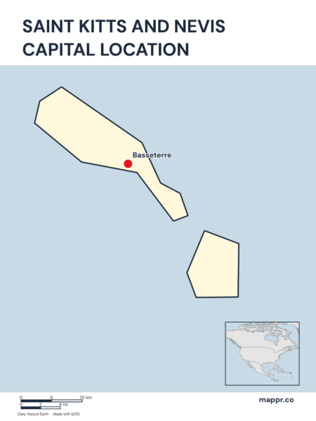 Detailed map pinpointing Basseterre, the capital of Saint Kitts and Nevis.