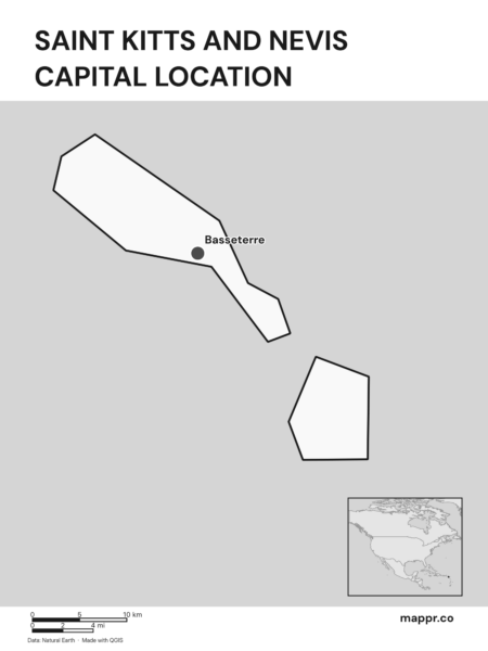 Detailed map pinpointing Basseterre, the capital of Saint Kitts and Nevis (black and white).