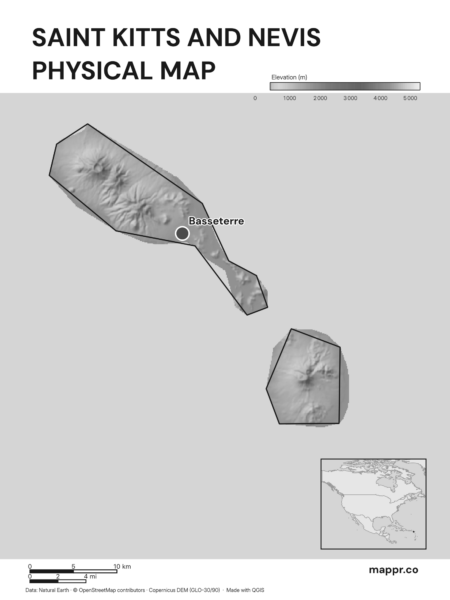 Map featuring Basseterre, the capital of Saint Kitts and Nevis, with rich topographical detail (black and white).
