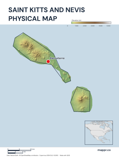 Map featuring Basseterre, the capital of Saint Kitts and Nevis, with rich topographical detail.