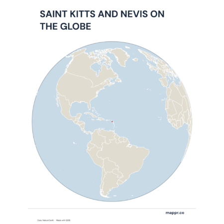A map highlighting Saint Kitts and Nevis's location on a globe, marked with a red outline.