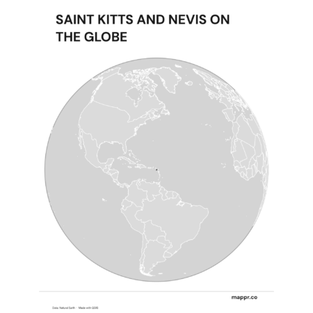A map highlighting Saint Kitts and Nevis's location on a globe, marked with a red outline (black and white).