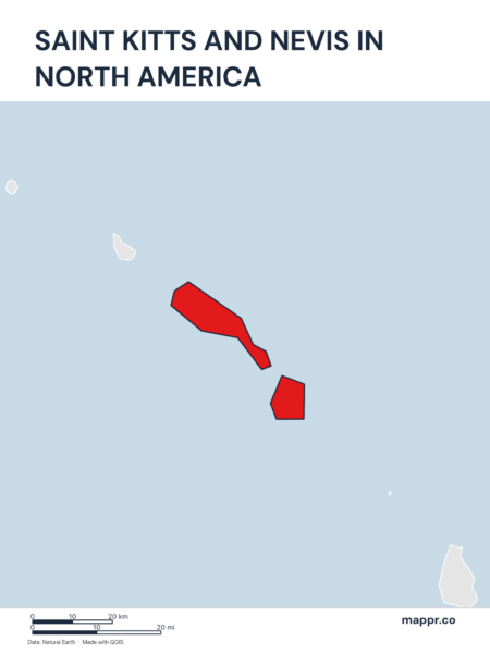 A map highlighting Saint Kitts and Nevis's location on the north american continent.