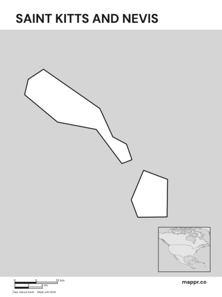 Outline map of Saint Kitts and Nevis with detailed country borders (black and white).