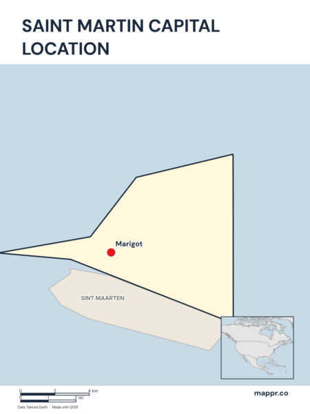 Detailed map pinpointing Marigot, the capital of Saint Martin.