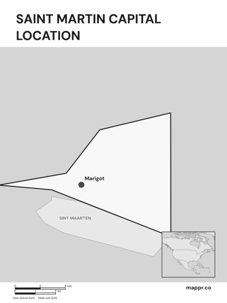 Detailed map pinpointing Marigot, the capital of Saint Martin (black and white).