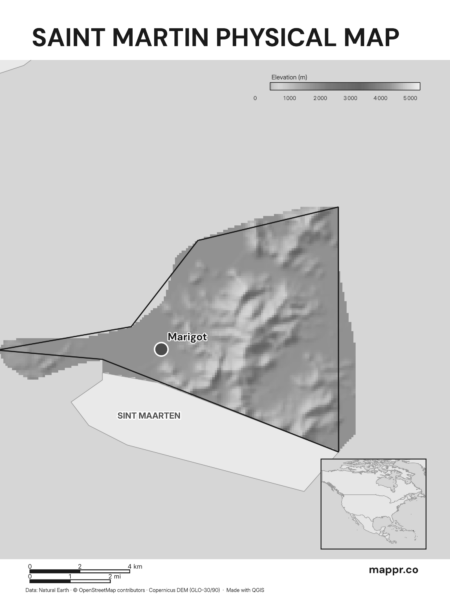 Map featuring Marigot, the capital of Saint Martin, with rich topographical detail (black and white).