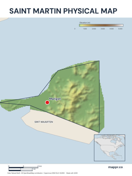 Map featuring Marigot, the capital of Saint Martin, with rich topographical detail.