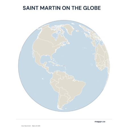 A map highlighting Saint Martin's location on a globe, marked with a red outline.