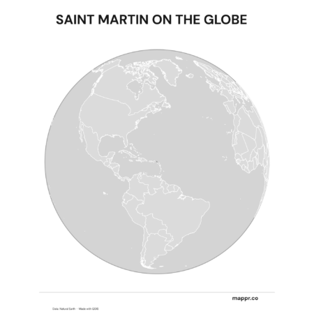 A map highlighting Saint Martin's location on a globe, marked with a red outline (black and white).