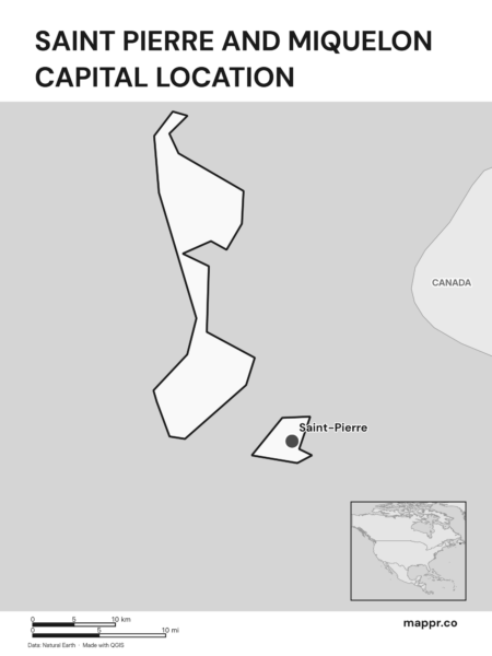 Detailed map pinpointing Saint-Pierre, the capital of Saint Pierre and Miquelon (black and white).